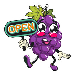 cute grape fruit mascot character vector illustration showing a sign that says open, work of hand drawn