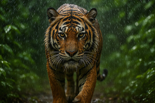 Fierce tiger hidden in deep green foliage peering through leaves with piercing eyes. - Powered by Adobe