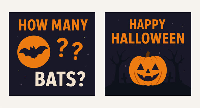 Halloween Illustration Set &ndash; How Many Bats Puzzle Game and Happy Halloween Pumpkin Greeting