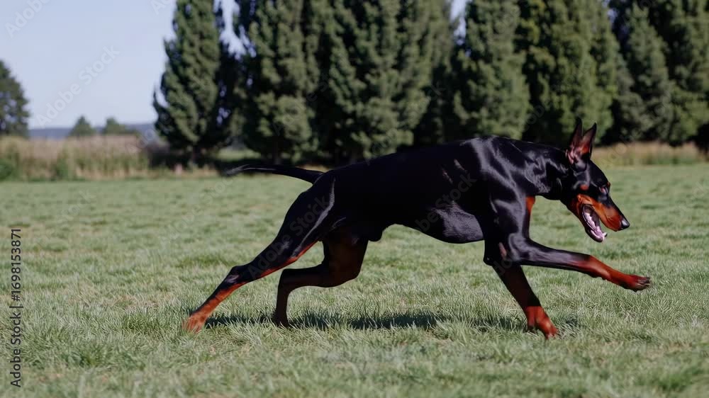 Poster a dynamic video still of a doberman running on grass, captured from a low angle, highlighting its sl