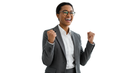 Diverse business professional, late 20s-early 40s, in smart attire, arms raised in "V" triumphantly in a bright white studio, embodying confidence and victory. Concept of business achievement