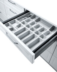 Kitchen cutlery drawer organizer, open, white cabinets, modern design, home organization