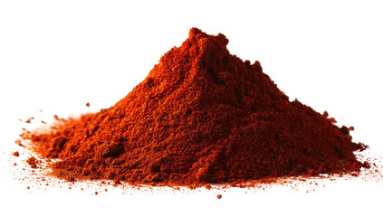 A conical pile of vibrant red spice powder sits atop a textured surface