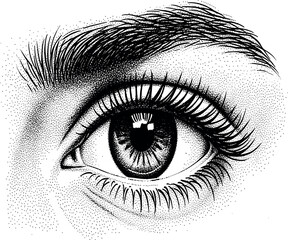 Obraz premium Monochrome stipple drawing of a realistic human eye looking forward, symbolizing sight, awareness, and intricate beauty