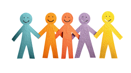 Five simple paper cutouts, colored in a spectrum, holding hands, forming a line against a black background. Each figure has a simple, smiling face