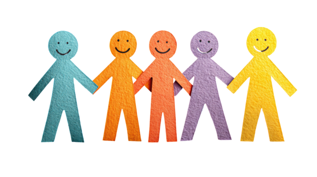 Five simple paper cutouts, colored in a spectrum, holding hands, forming a line against a black background.  Each figure has a simple, smiling face