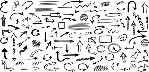 A comprehensive collection of hand-drawn doodle arrows in various styles. Black sketchy pointers, curves, and direction signs for design