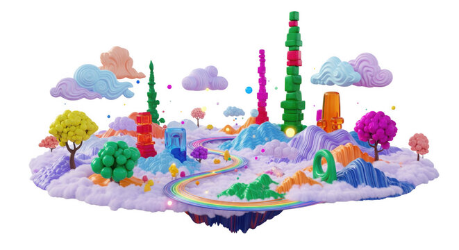 Whimsical floating island with colorful candy towers and dreamy pastel clouds