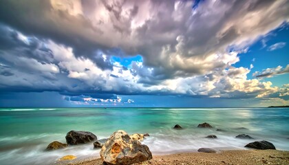 Dramatic coastal sunrise/sunset with dramatic clouds over calm turquoise water