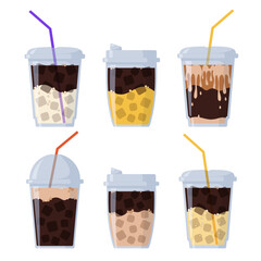 Set of disposable cups with iced coffee drinks. Perfect for menus, stickers, pins, icons, and other web and print designs. Hand-drawn vector illustrations are isolated on a white background.