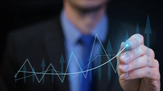 Man in office using virtual chart to project 2026 corporate profit growth, marketing strategy, and financial management visualization