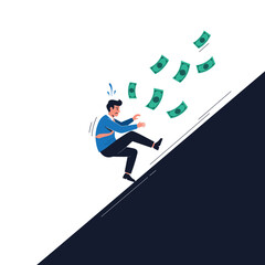 Man slipping down financial decline losing money downhill crisis concept