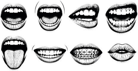 A diverse collection of hand-drawn human mouth illustrations showcasing a range of expressions, including smiling, shouting, and showing braces in a graphic sketch style