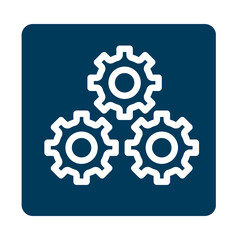 Three interlocking white gears on a dark blue background
