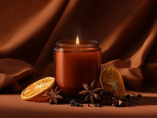 amber glass jar candle burns softly on a backdrop of draped brown fabric