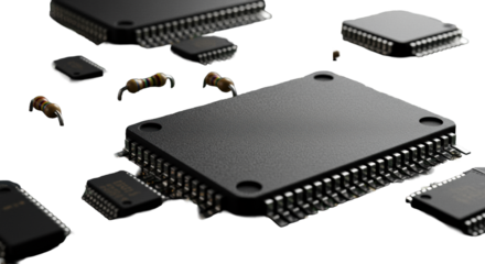 Modern microchip with intricate miniaturized components, tiny resistors, capacitors, ICs, metallic traces, studio macro photo, 100mm lens effect, shallow DOF, cool corporate tones, concept of digital