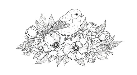 Obraz premium Hand drawn bird sitting on flowers isolated on white background vector