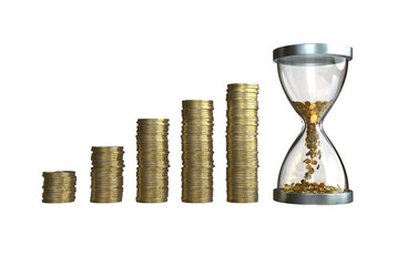 Hourglass with growing coin stacks, Time and money investment concept on a transparent background, PNG file