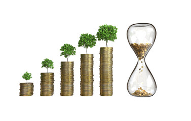 Hourglass with growing coin stacks, Time and money investment concept on a transparent background, PNG file