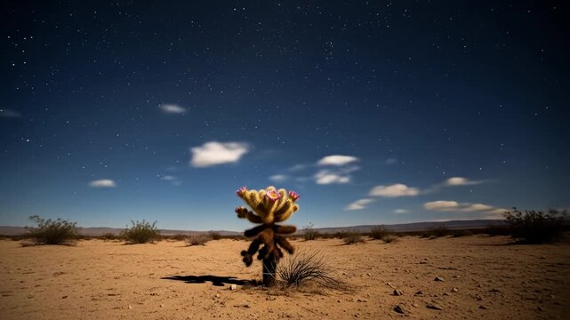 Night desert scene with blooming teddy bear cholla cactus under starry sky