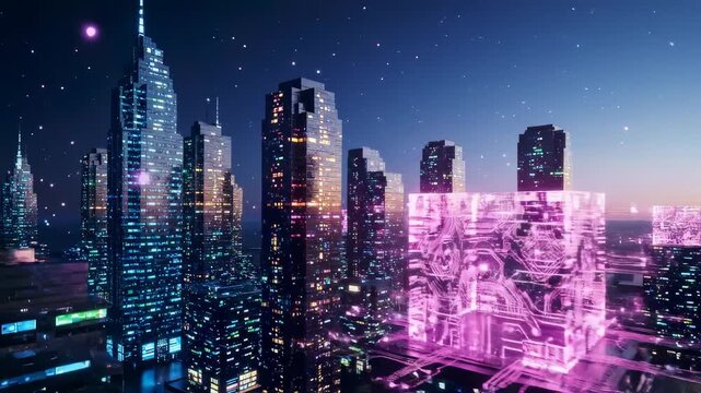 Wide shot of a futuristic city skyline at night, featuring a glowing pink data cube, illuminated skyscrapers, and a vibrant, modern aesthetic.