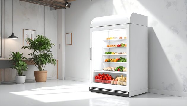 Modern, bright kitchen with a large, glass-fronted display fridge