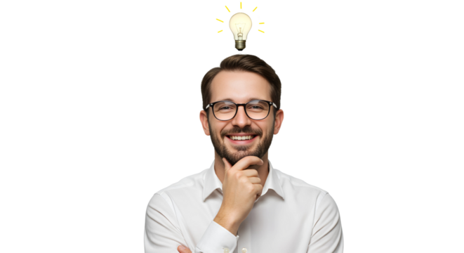 Man with a bright idea, illuminated lightbulb above head, isolated on transparent cutout background, cut out, png