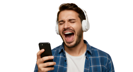 Expressive man singing loudly with headphones and phone, isolated on transparent cutout background, cut out, png