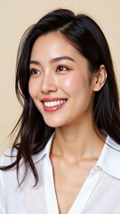 Smiling Asian Woman Portrait Radiant Beauty in Natural Light, Capturing Joyful Expression and Confidence with Timeless Elegance