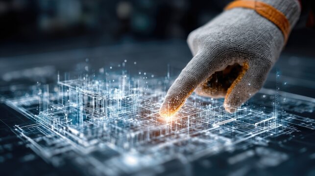 Hand Touching Digital Blueprint with Augmented Reality Concepts