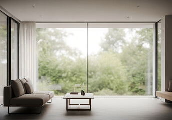 Minimalist Living Room Interior with Large Windows and Nature View