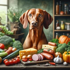 A dog sits calmly on a table surrounded by fruits and vegetables. Generative AI