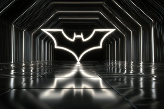 Futuristic Neon Bat Symbol in Sci-Fi Tunnel with Reflective Floors.