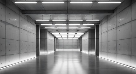 Modern architectural concrete tunnel with overhead lighting and floor reflections leading into the distance