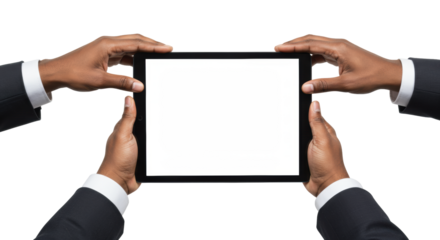 Two diverse professional hands holding a modern black tablet with a blank white screen horizontally on a transparent studio background, digital innovation concept