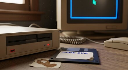 Retro Computer Desk with Game Disk and Photo in Vintage Office Setting