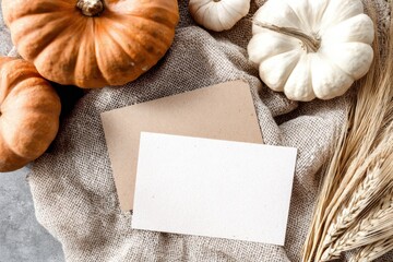 Autumn Pumpkins with Blank Cards on Burlap Background for Fall Themes.