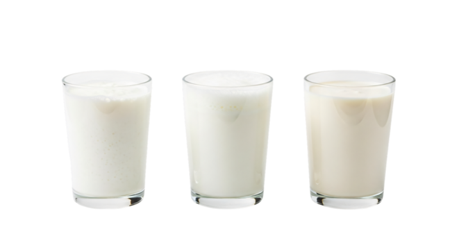 Three glasses of milk isolated on transparent background in studio shot