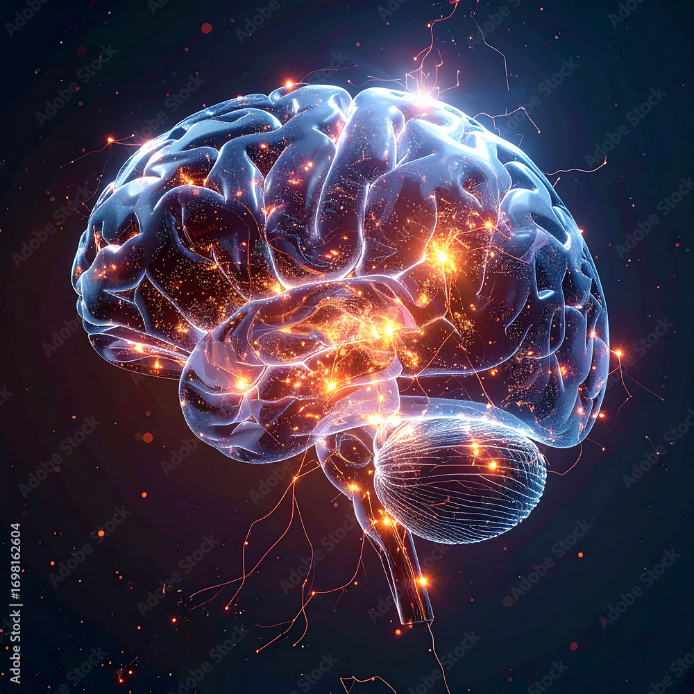 Poster glowing neural network within transparent human brain structure synapses neurons