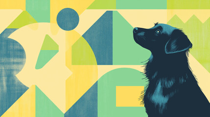 Black dog looking up with geometric background in vibrant colors  