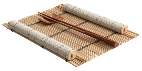 Bamboo placemat with chopsticks and spoon