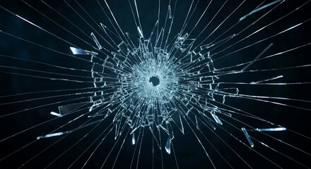 Fototapeta premium Abstract view of shattered glass shows destruction, fragments, and an impact point.