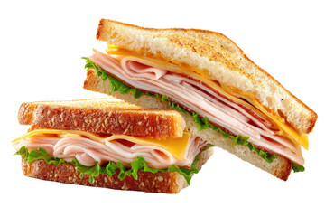 Two slices of toasted ham and cheese sandwich.  Fresh, sliced turkey, cheese, and lettuce between golden-brown bread