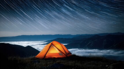 Orange Tent Under Starry Night Sky In Mountains