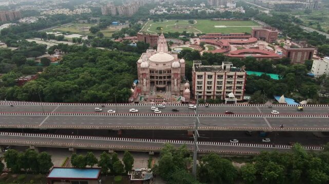 4k Aerial Drone shot of Iskon Temple in New Delhi India   International Society for Krishna Consciousness
