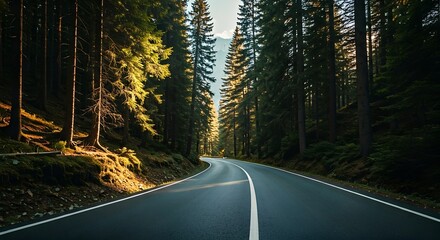 Empty Winding Road Through Dense Pine Forest Illuminated by Golden Sunlight