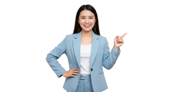 Young businesswoman pointing to the right, isolated on white - Powered by Adobe