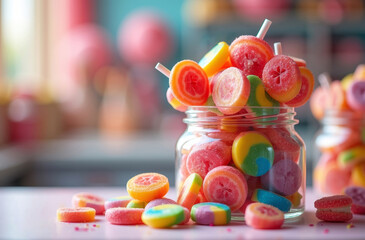 Bunch of sweets and lollipops. Colorful candy shop. Bright background with space for text for birthday party.