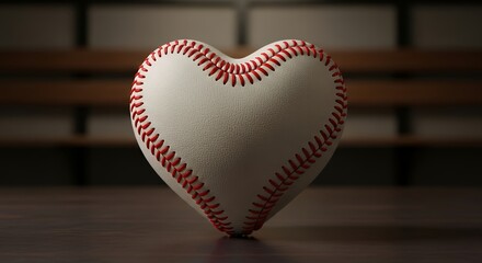 Heart-Shaped Baseball Ball in Indoor Stadium with Wooden Bench Background