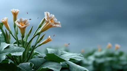 Pale peach trumpet flowers amidst lush foliage, soft light, cloudy sky